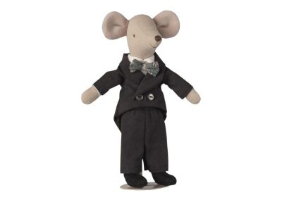dad mouse dressed for a wedding in a black suite with dicky bow