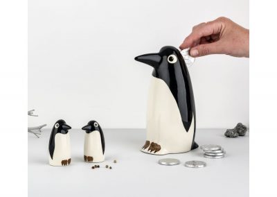 penguin salt and pepper shakers and money box by Hannah Turner