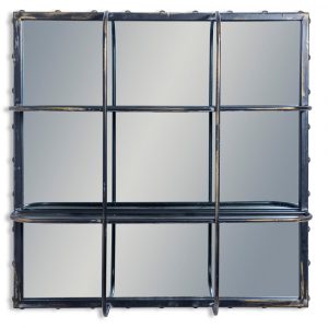 black industrial wall mirror with shelves