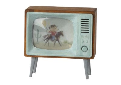 image of mouse house sized television showing rocking horse mouse