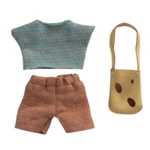 blue shirt, brown shorts and cheesecloth bag for little brother mouse