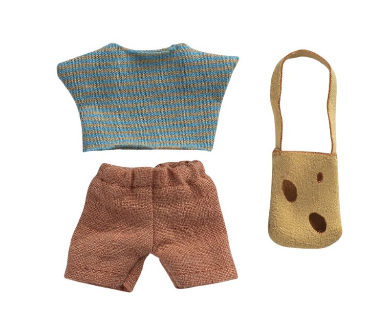 blue shirt, brown shorts and cheesecloth bag for little brother mouse