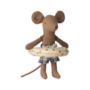 little brother mouse in swim shorts and a yellow dotted float