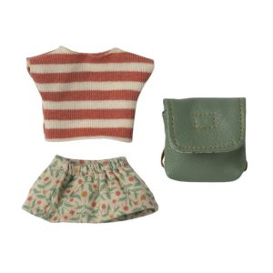 a red and white stripy jumper, patterned skirt and green backpack for tricycle big sister mouse