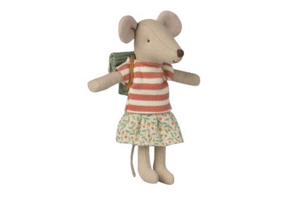 big sister tricycle mouse with green backpack, red and white stripy jumper and patterned skirt