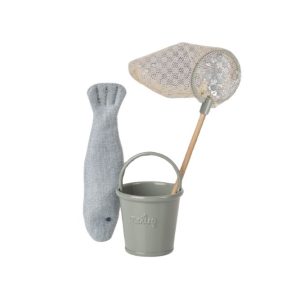 fishing set with net, metal bucket and stuffed fish
