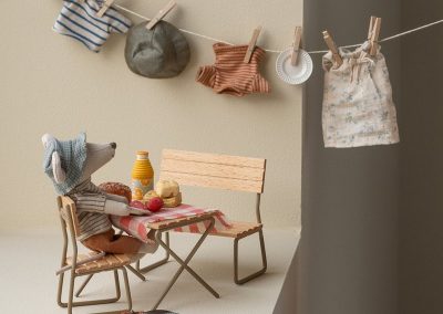 big brother hiker mouse relaxing on outdoor table and chairs with washing hanging on a line
