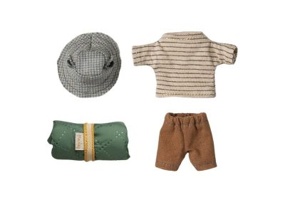 hiker mouse clothes - blue checked hat, thin stripy shirt, brown trousers and green sleeping bag rolled up