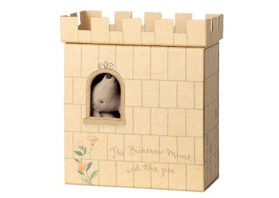 princess mouse peeping through the window in her bed in her castle box