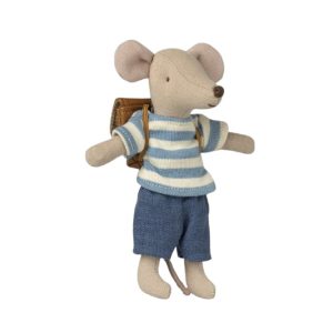 big brother tricycle mouse with blue stripy jumper, denim trousers and a brown backpack