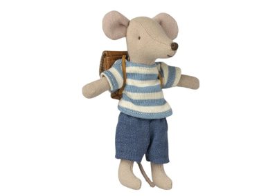 big brother tricycle mouse with blue stripy jumper, denim trousers and a brown backpack