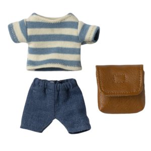 blue and white striped jumper, denim trousers and brown backpack for big brother mouse