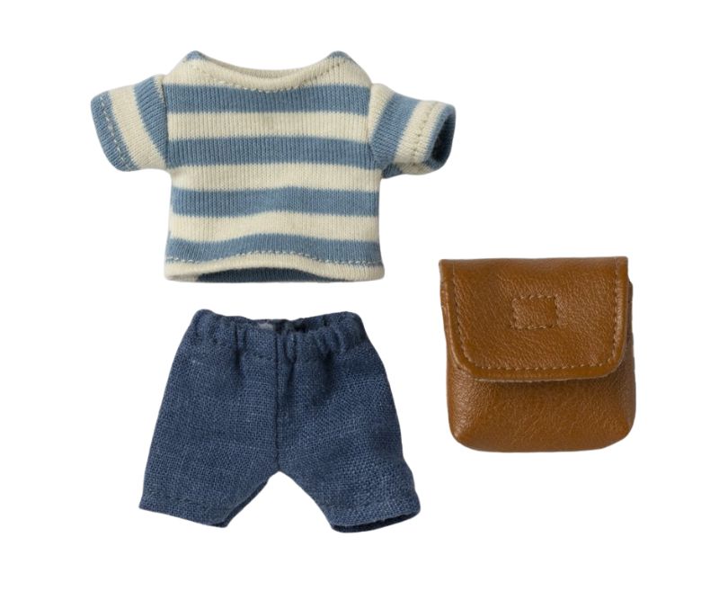 blue and white striped jumper, denim trousers and brown backpack for big brother mouse