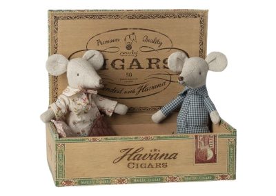 grandma and grandpa mouse sitting in a cigar box