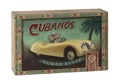 cuban cigar box for mouse bed featuring mouse in car on lid