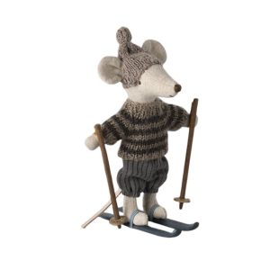Big brother winter mouse on skis with knitted hat and jumper
