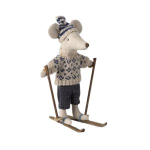 winter mouse with ski set dressed in a patterned woollen jumper with a knitted hat